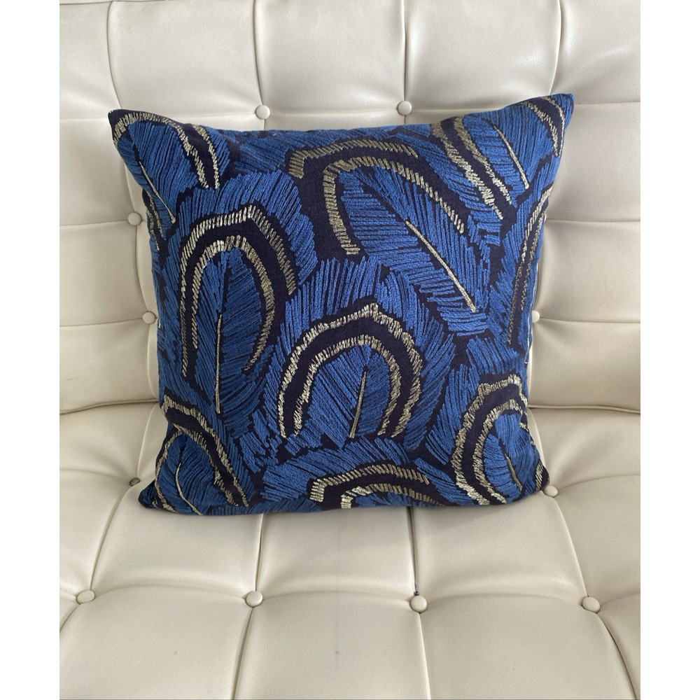 Kaufman Plumes Navy Blue Gold Throw Polyfill Pillow "One Pillow Two Looks" 18”sq